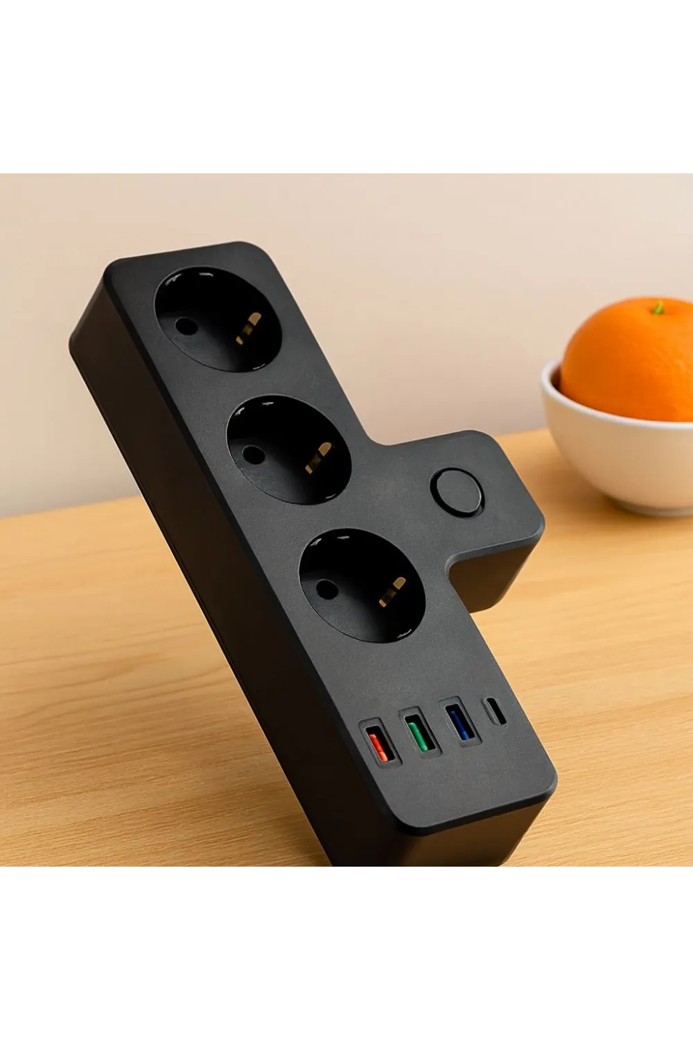 Termal Korumalı Duvar Prizi - 3xPriz 3xUSB 1xType-C (Siyah)