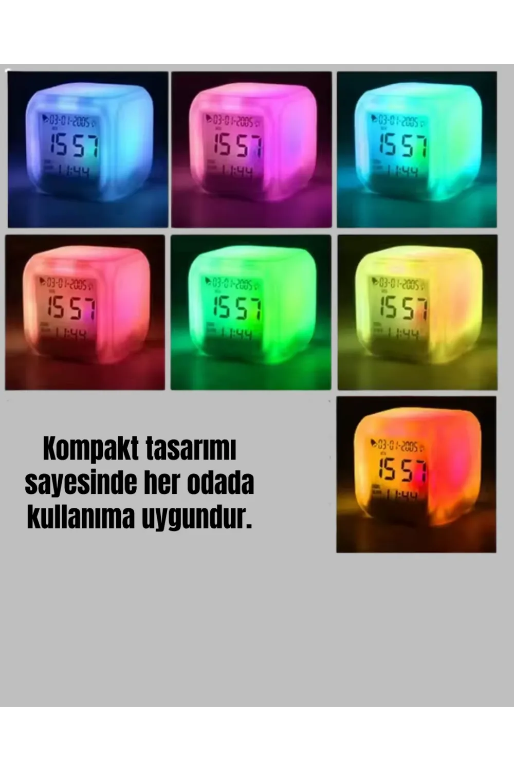 Termometre Ve Takvim Özellikli 7 Renk Değiştiren Küp Alarm Saati