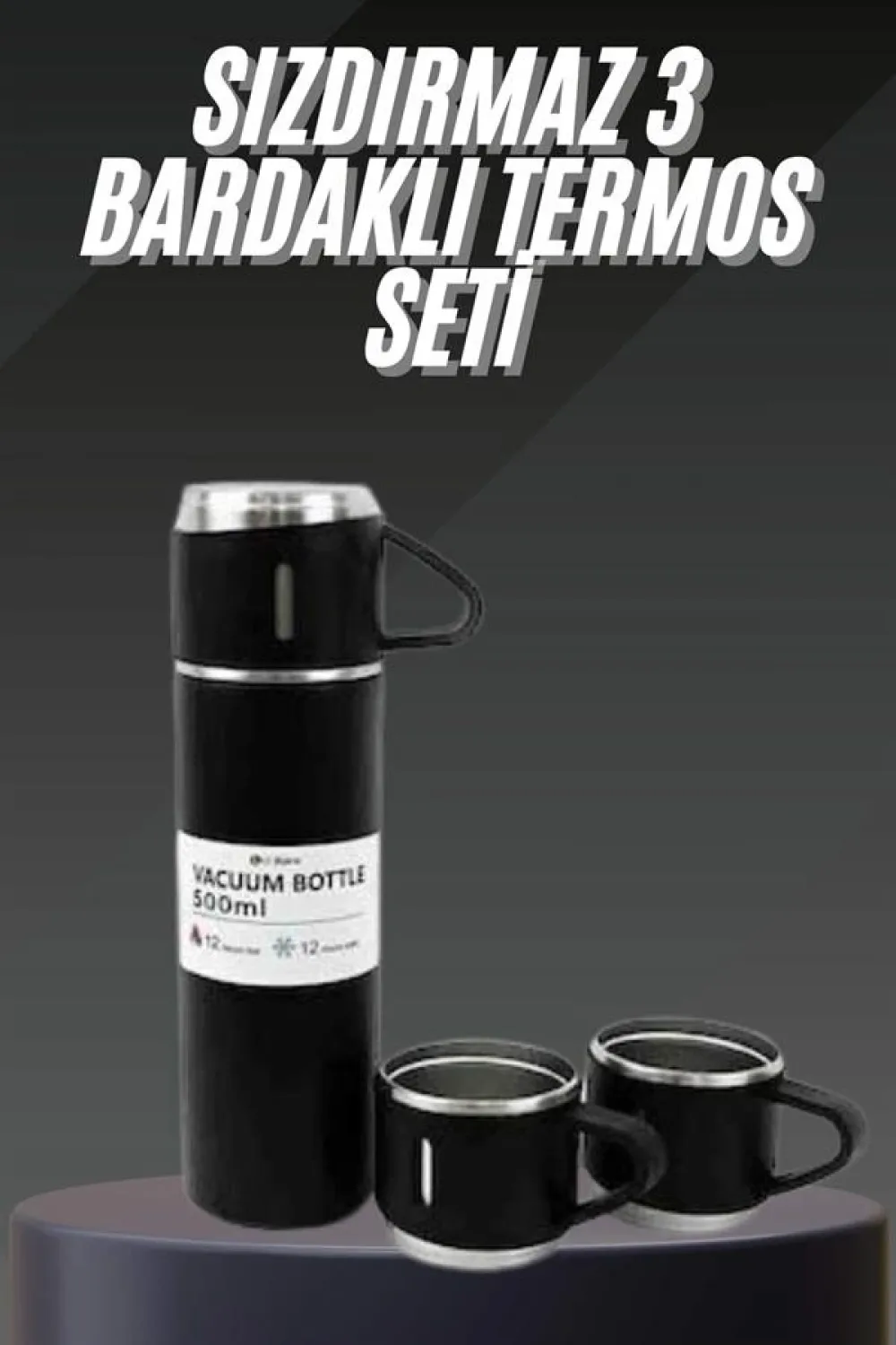 Termos Seti Paslanmaz Çelik 3 Bardaklı Vakumlu Termos Set 500 Ml 12 Saate Kadar Isı Koruma