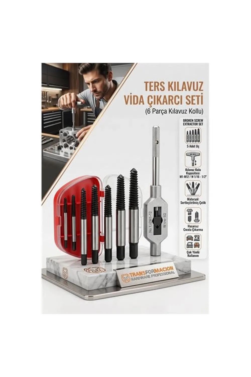 Ters Kılavuz Seti (6 Parça) Kırık ve Yalama Vida Çıkarıcı Kolu 723239