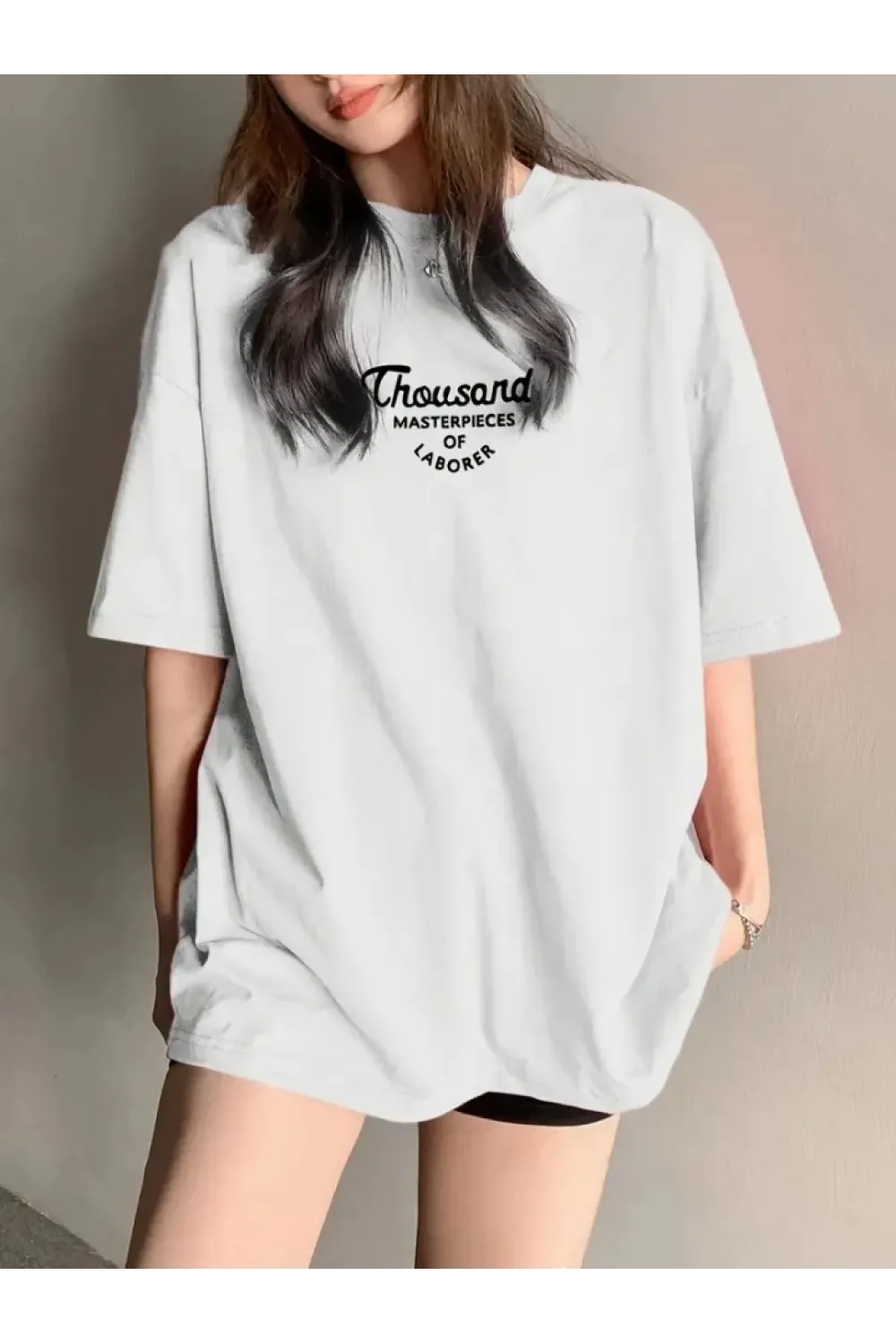 Thousand Baskılı Oversize Bisiklet Yaka T-shirt - Beyaz