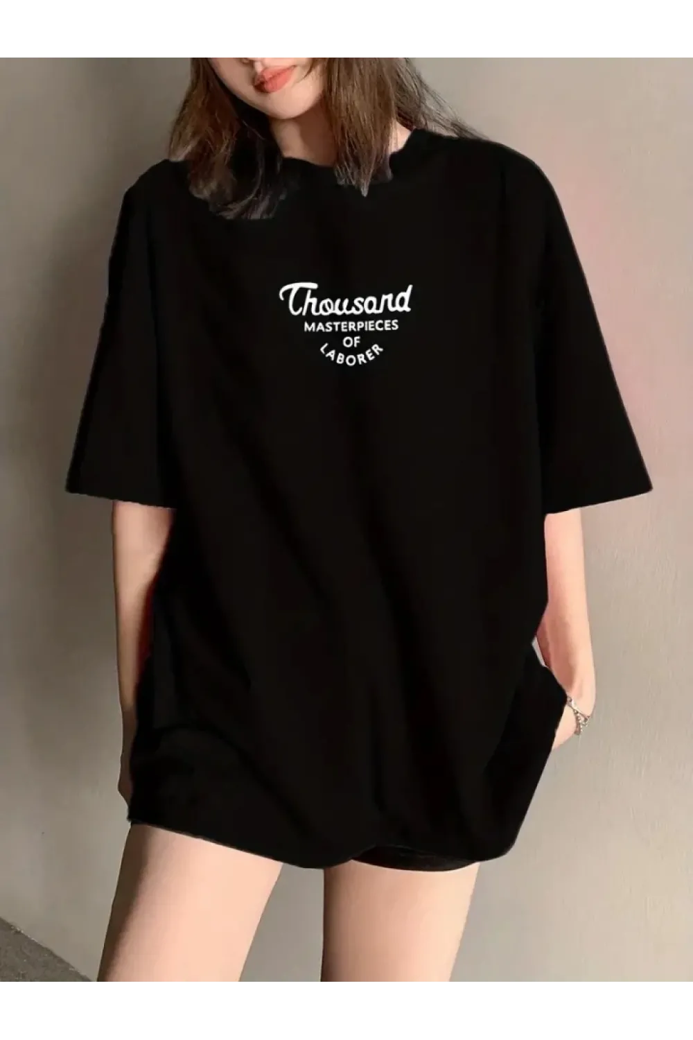 Thousand Baskılı Oversize Bisiklet Yaka T-shirt - Siyah