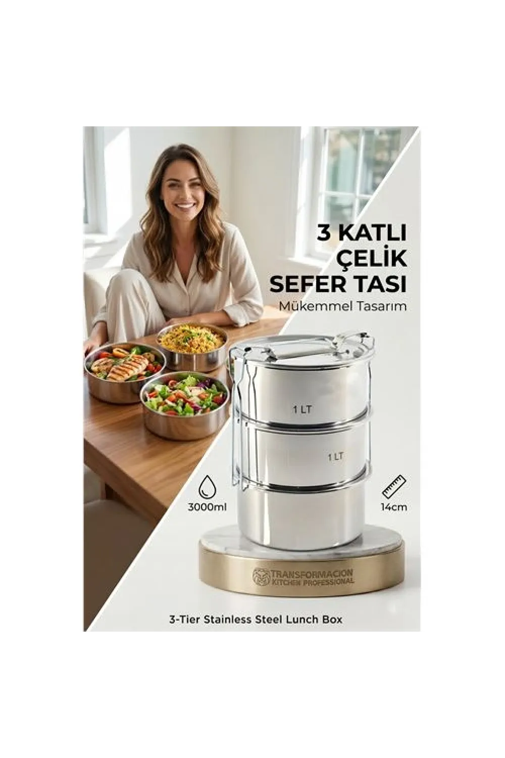 TransForMacion Sefer Tası Yemek Kabı Paslanmaz Çelik 3 Katlı 14 cm 3 LİTRE 721366