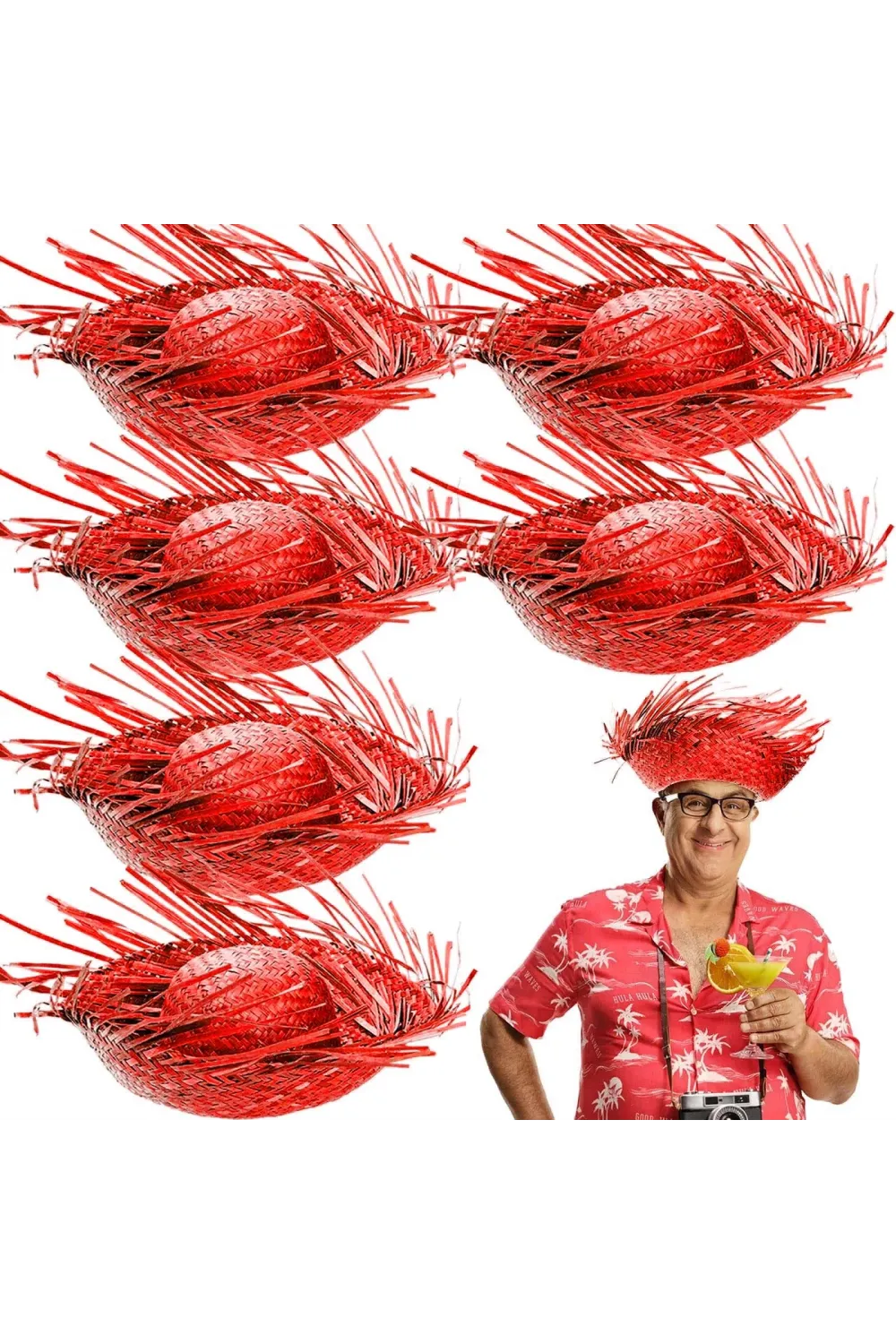 Tropikal Parti Kırmızı Hasır Hawaii Şapkası 13x36 Cm