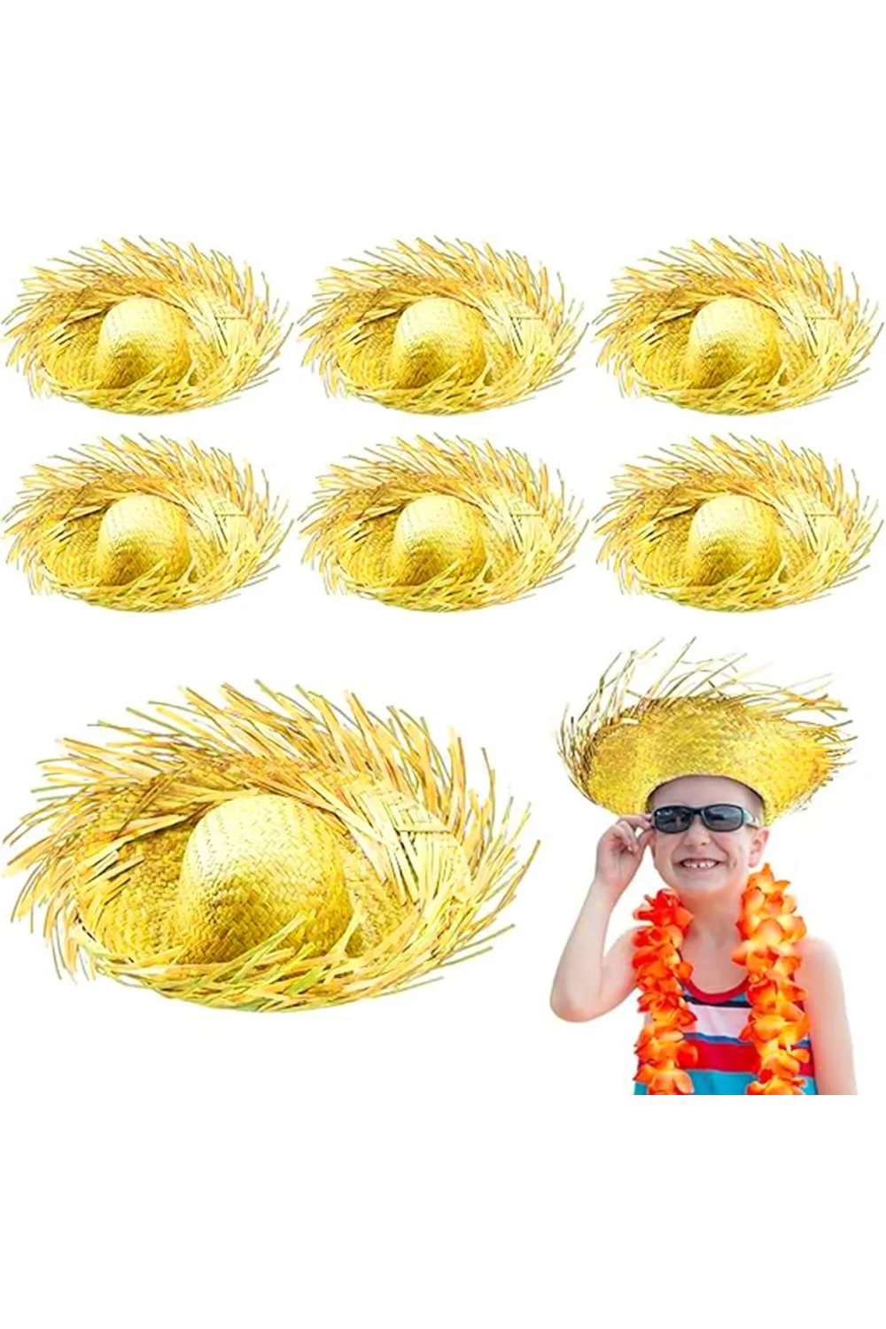 Tropikal Parti Sarı Hasır Hawaii Şapkası 13x36 cm