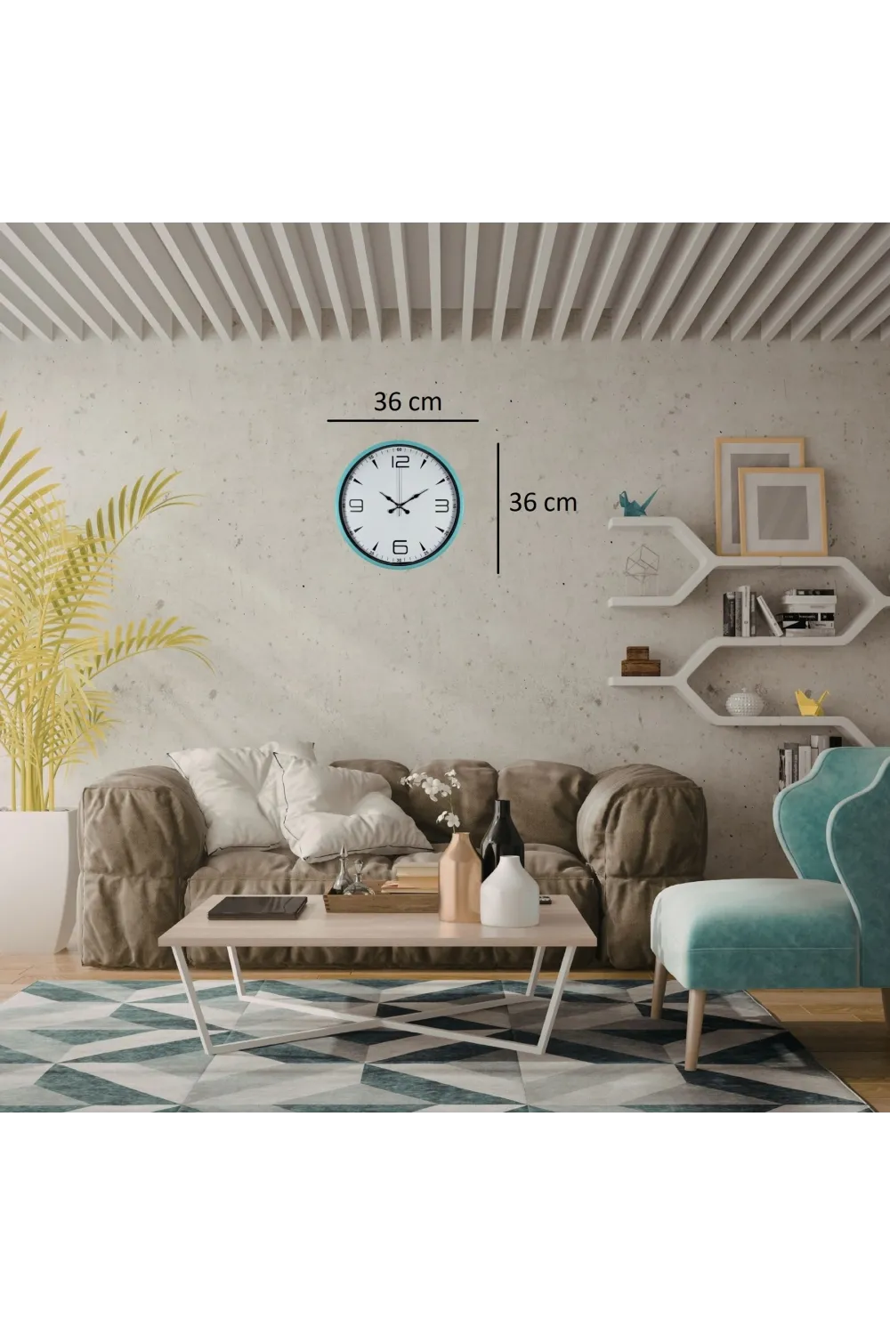 Turkuaz Dekoratif Stil 36 Cm Duvar Saati