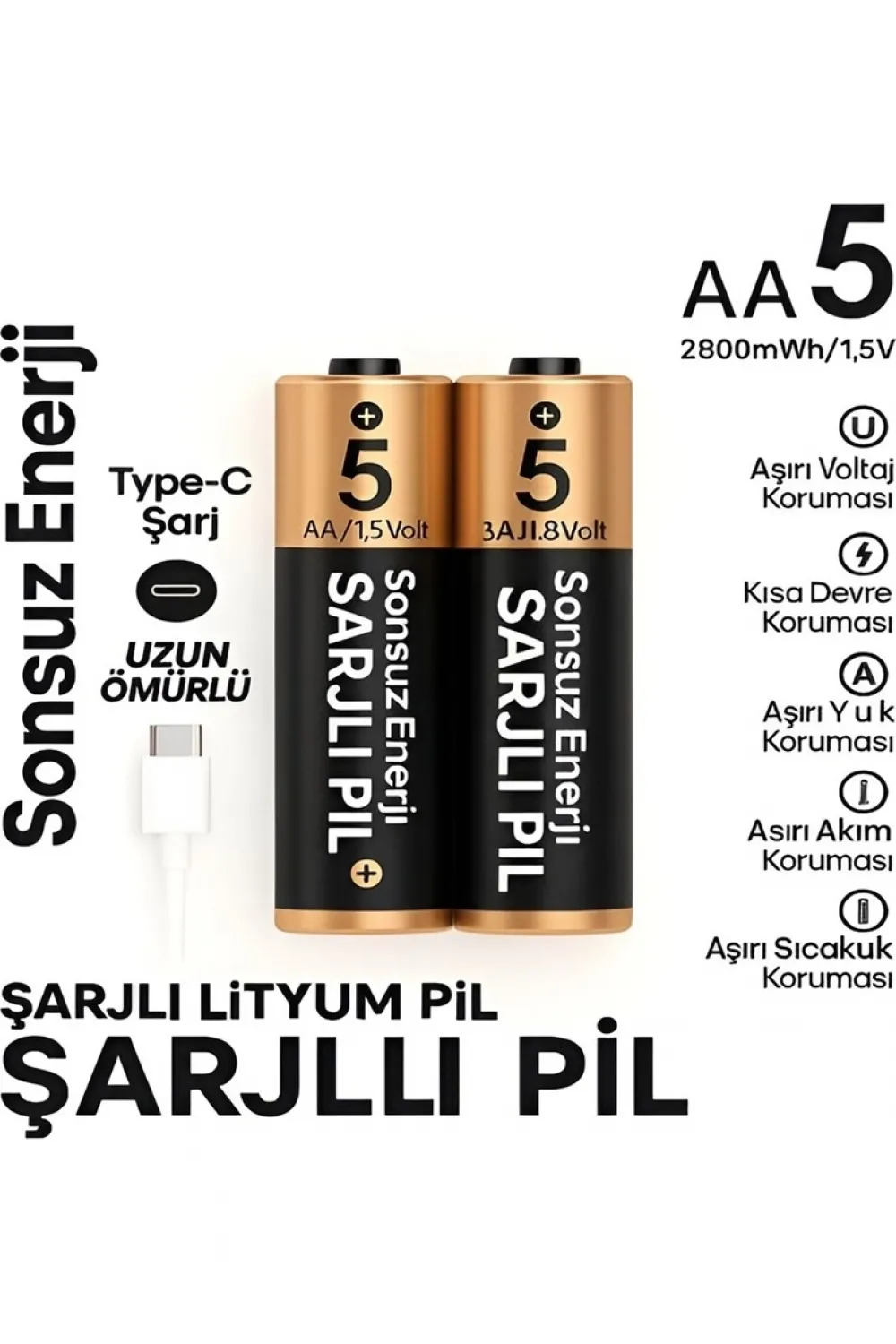 Type-c Şarjlı 2800mwh 1.5v Şarj Edilebilir 2’li Aa5 Kalın Pil - Lityum Iyon Batarya
