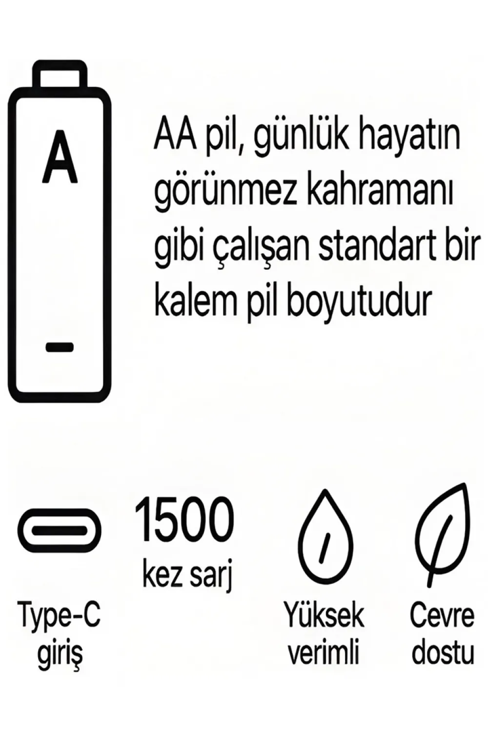 Type-c Şarjlı 2800mwh 1.5v Şarj Edilebilir 2’li Aa5 Kalın Pil - Lityum Iyon Batarya