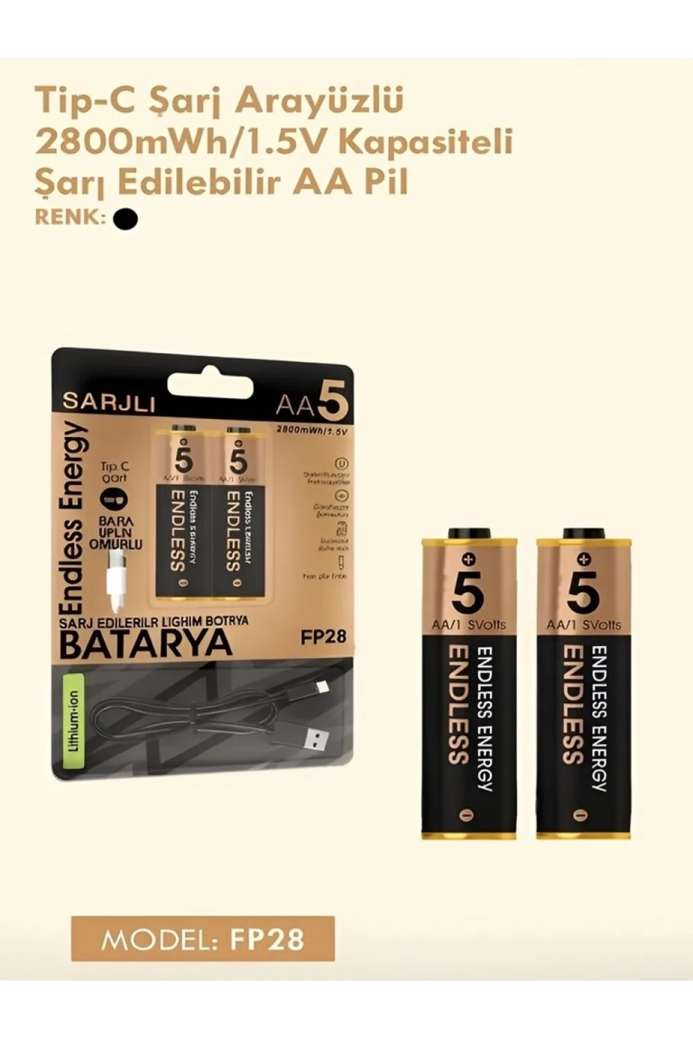 Type-c Şarjlı 2800mwh 1.5v Şarj Edilebilir 2’li Aa5 Kalın Pil - Lityum Iyon Batarya