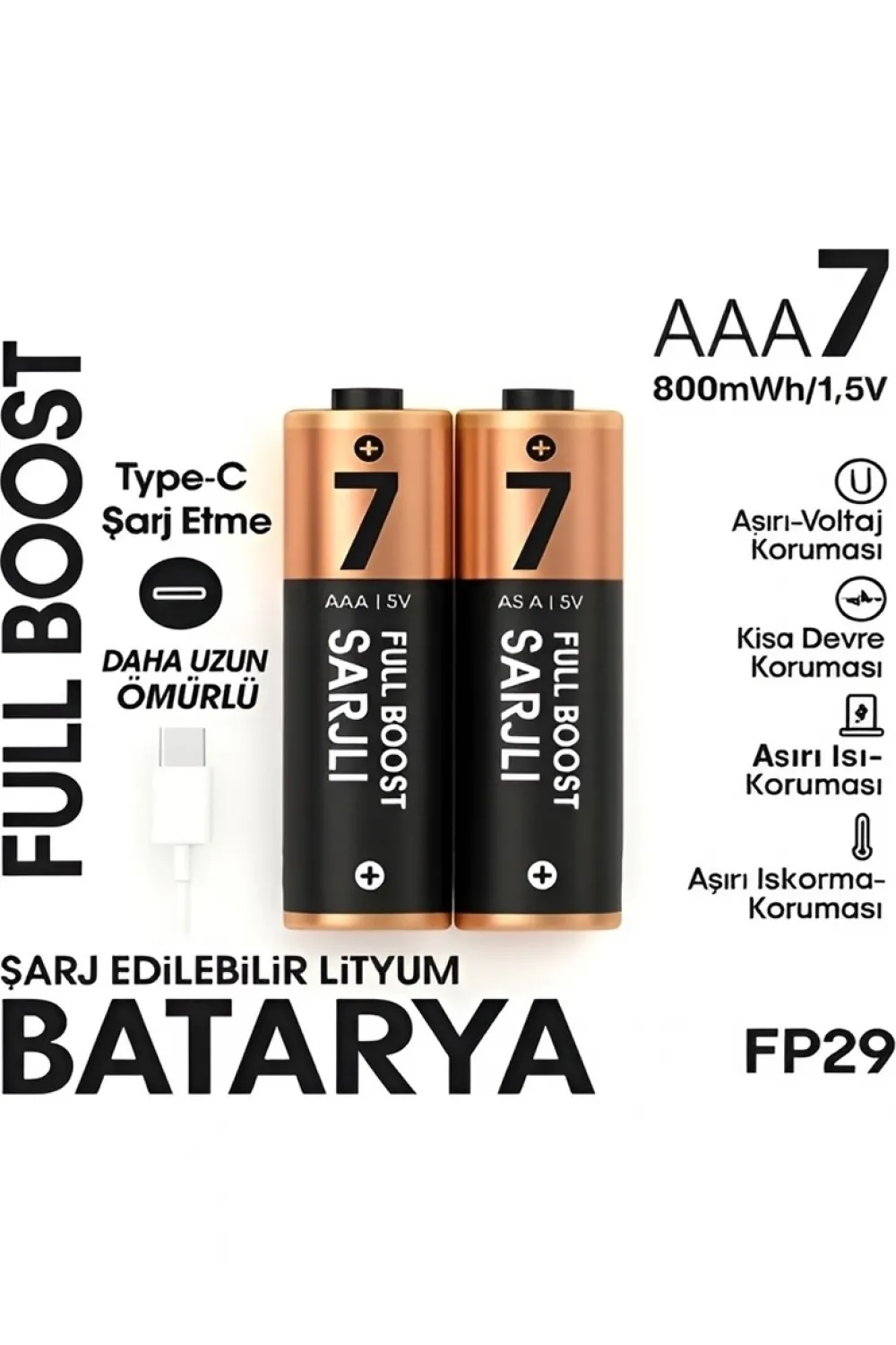 Type-c Şarjlı 800mwh 1.5v Şarj Edilebilir 2’li Aaa İnce Pil - Lityum Iyon Batarya