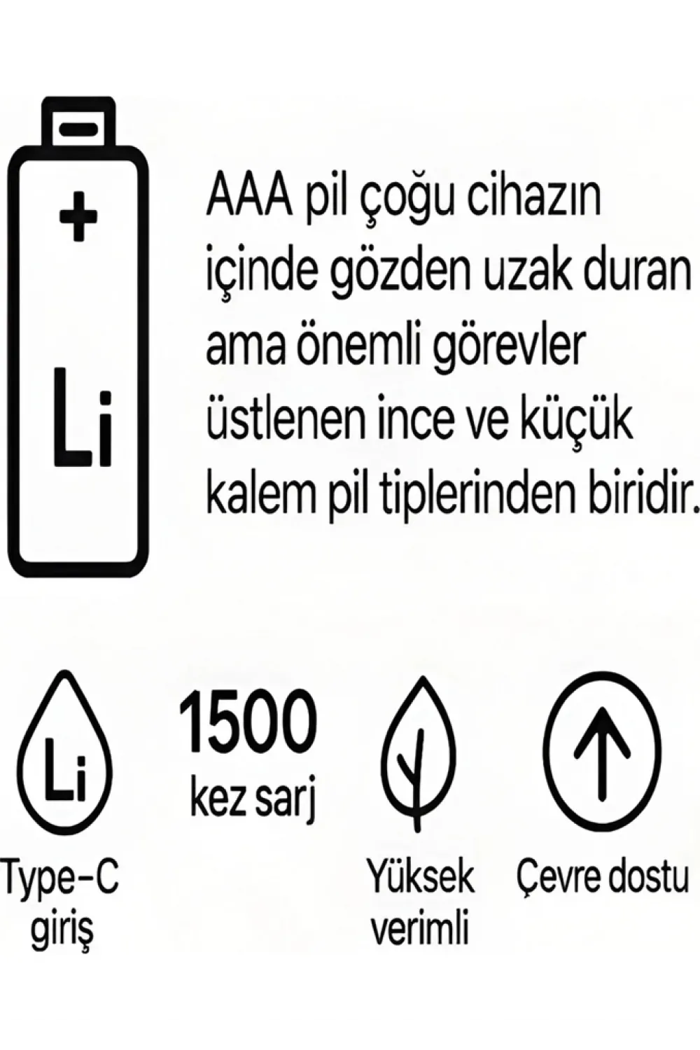 Type-c Şarjlı 800mwh 1.5v Şarj Edilebilir 2’li Aaa İnce Pil - Lityum Iyon Batarya