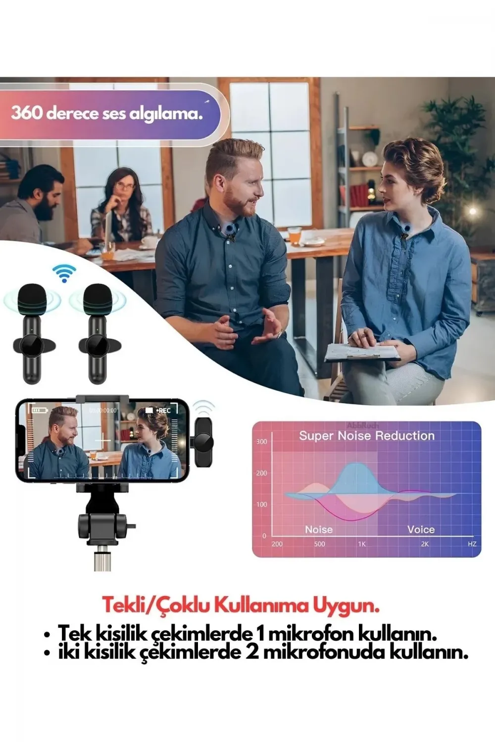 TypeC Çiftli Kablosuz Yaka Mikrofon Seti Telefon Vlog Canlı Yayın TikTok YouTube Uyumlu
