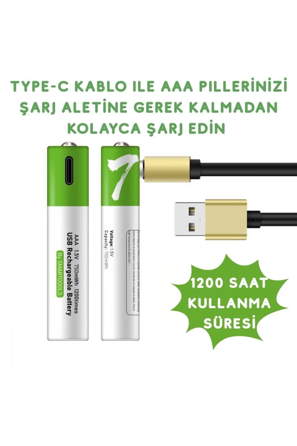 TypeC ile Şarjolabilen 4 lü AAA 1.5V Lityum İnce Şarjlı Kalem Pil 750 mAH Uzun Ömürlü