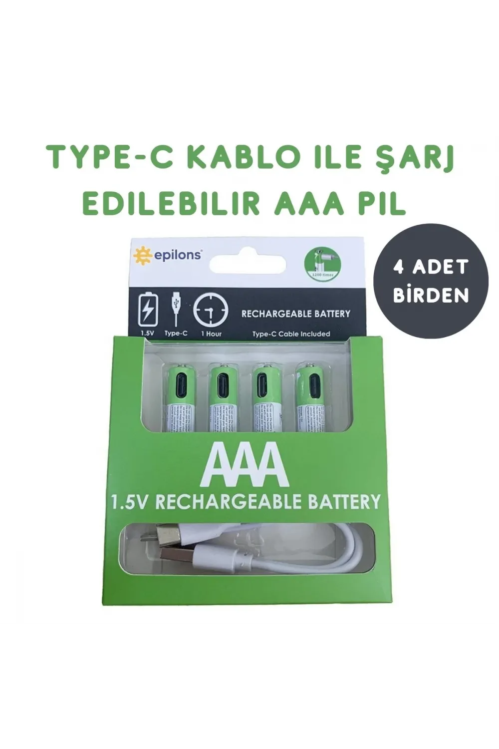 TypeC ile Şarjolabilen 4 lü AAA 1.5V Lityum İnce Şarjlı Kalem Pil 750 mAH Uzun Ömürlü