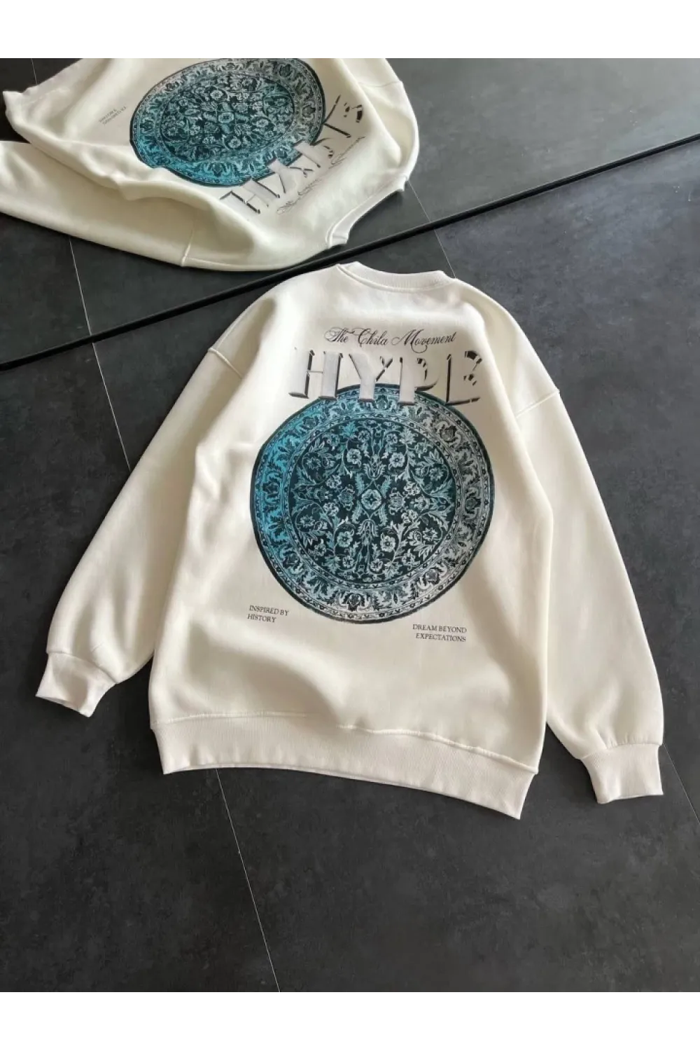 Üç İplik Bisiklet Yaka Baskılı SweatShirt - Beyaz