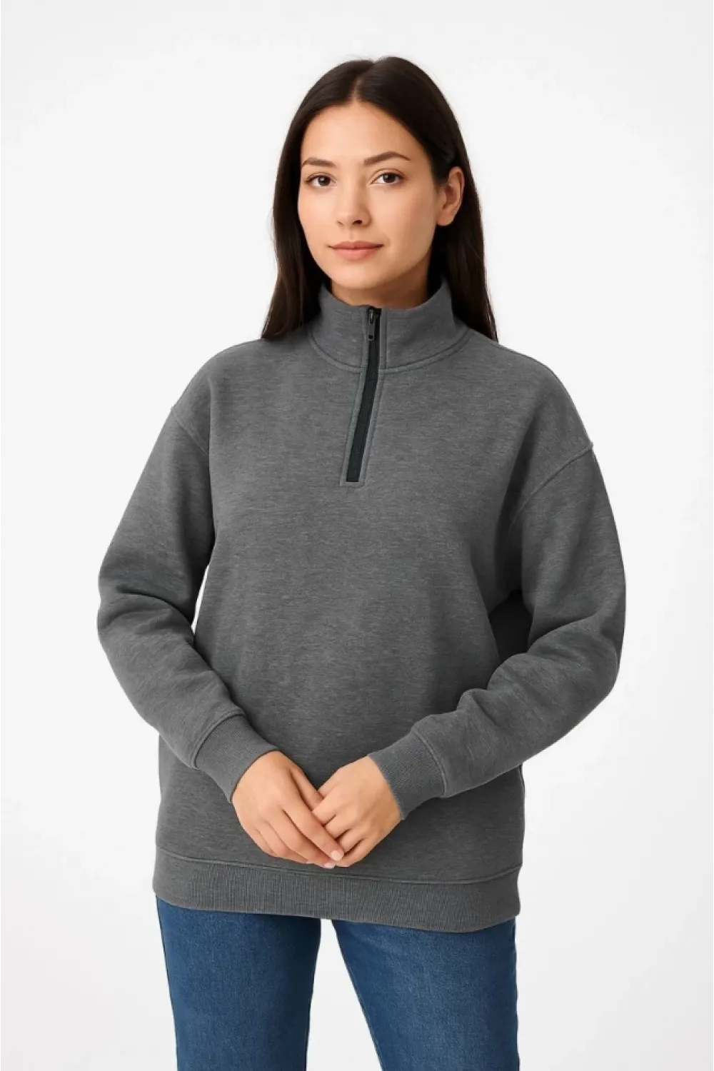 Üç İplik Dık Yaka Yarım Fermuarlı SweatShirt - Antrasit
