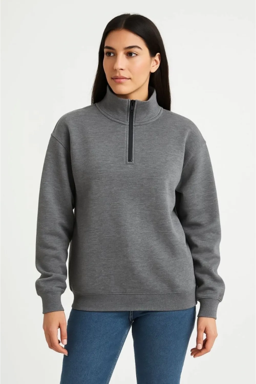 Üç İplik Dık Yaka Yarım Fermuarlı SweatShirt - Antrasit