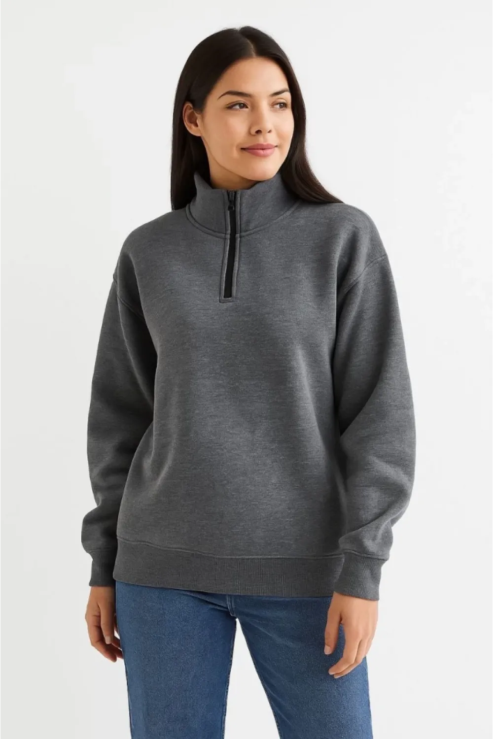 Üç İplik Dık Yaka Yarım Fermuarlı SweatShirt - Antrasit