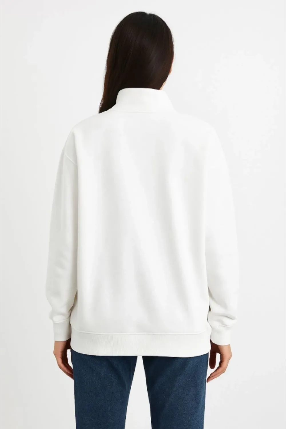 Üç İplik Dık Yaka Yarım Fermuarlı SweatShirt - Beyaz