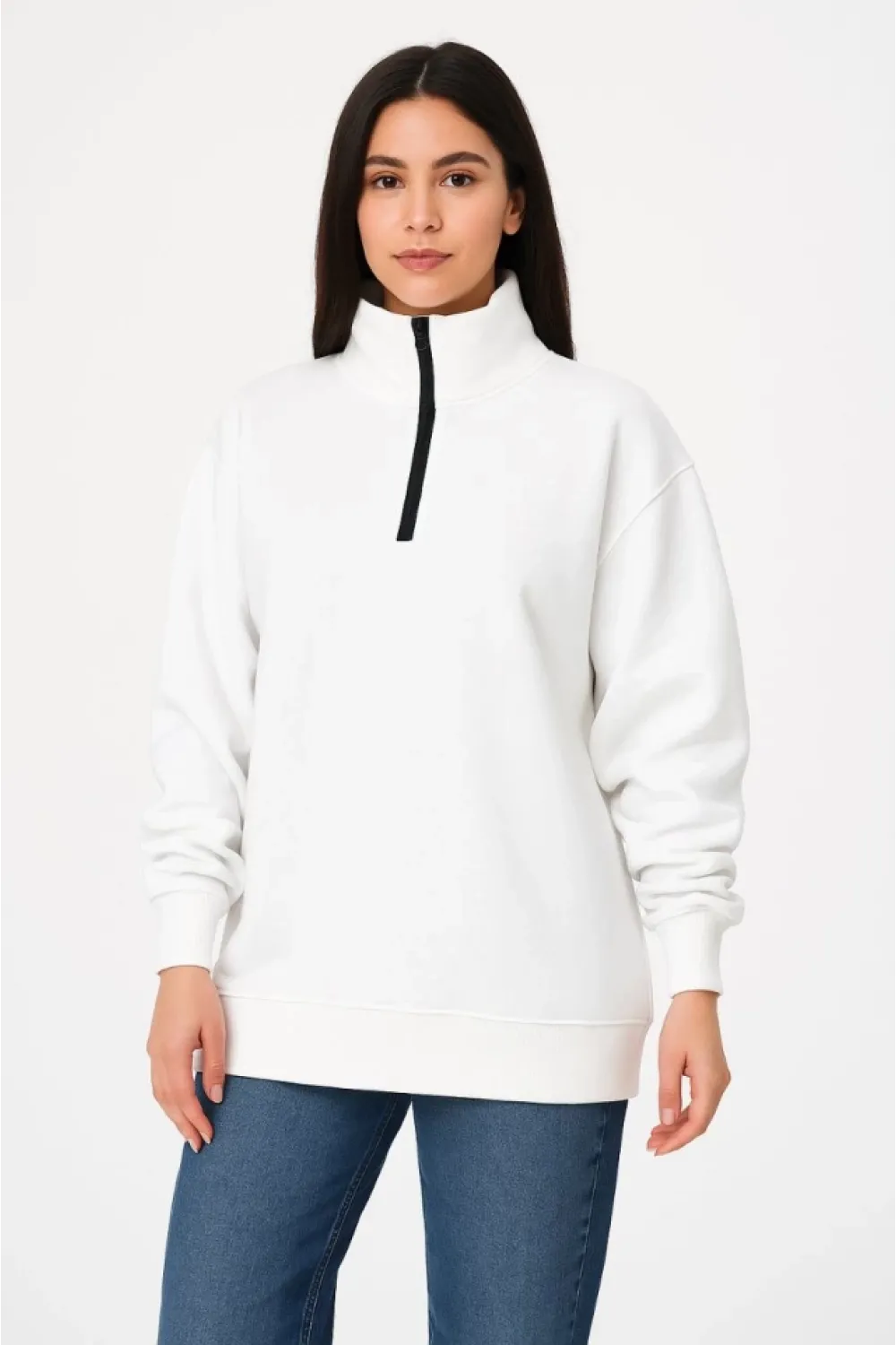 Üç İplik Dık Yaka Yarım Fermuarlı SweatShirt - Beyaz