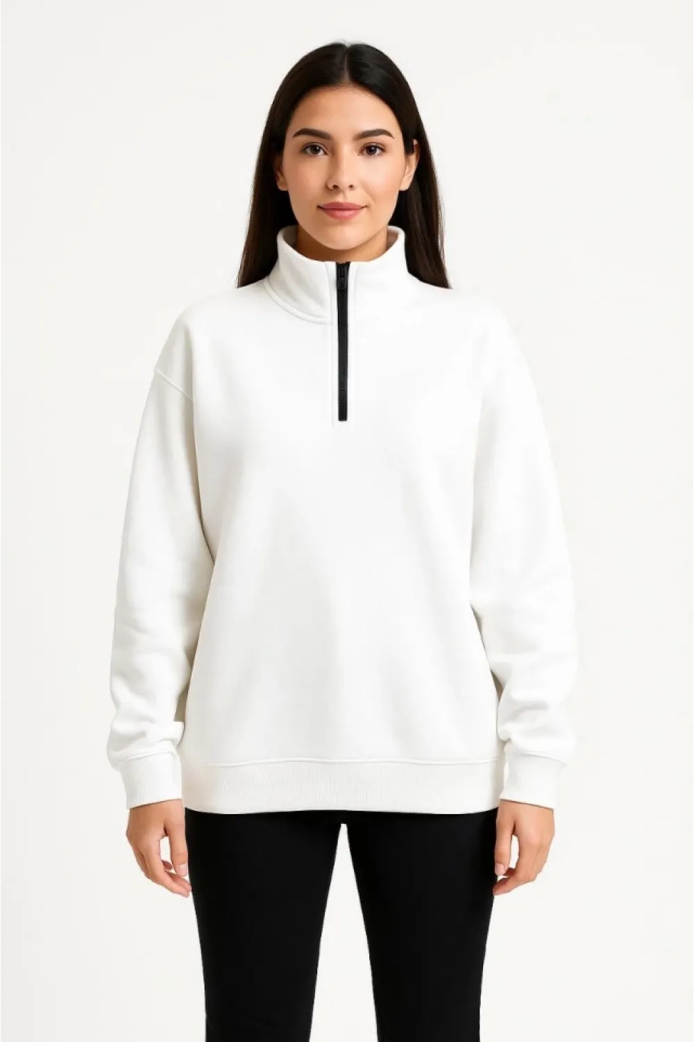 Üç İplik Dık Yaka Yarım Fermuarlı SweatShirt - Beyaz