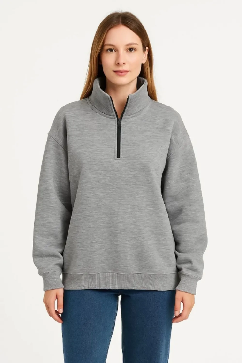 Üç İplik Dık Yaka Yarım Fermuarlı SweatShirt - Gri