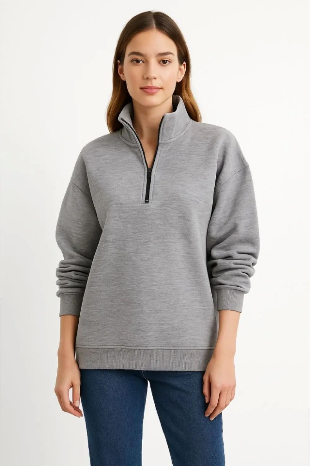 Üç İplik Dık Yaka Yarım Fermuarlı SweatShirt - Gri