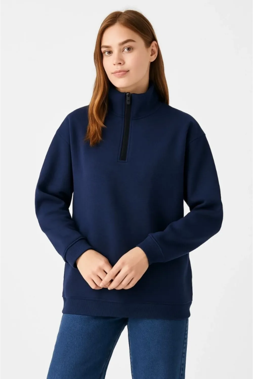 Üç İplik Dık Yaka Yarım Fermuarlı SweatShirt - Lacivert