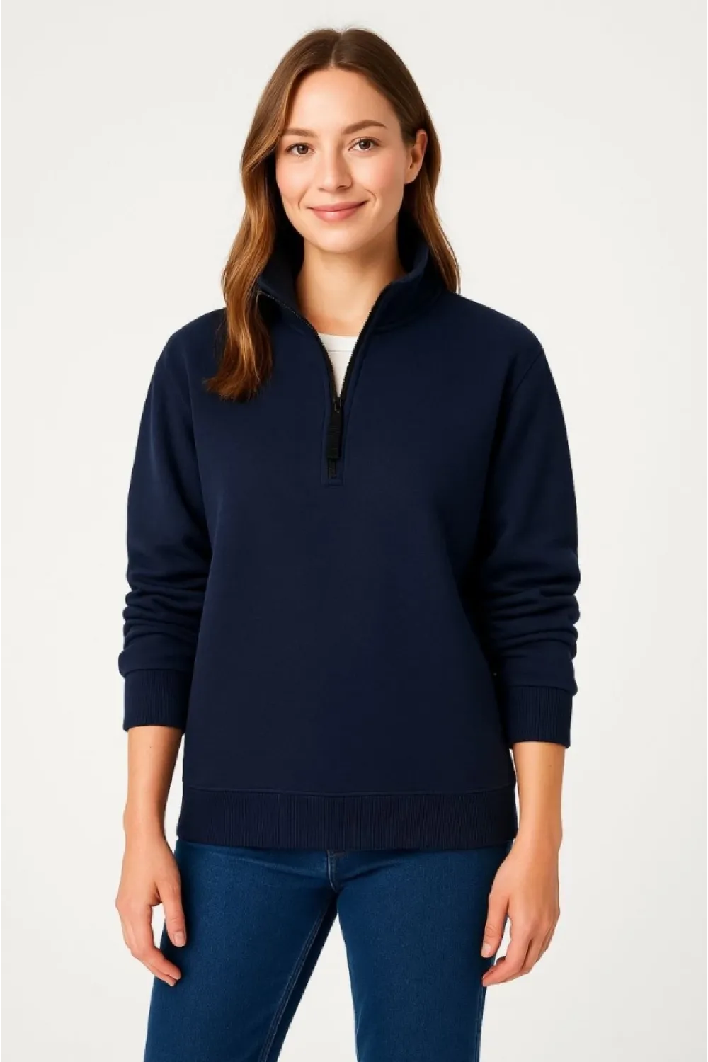 Üç İplik Dık Yaka Yarım Fermuarlı SweatShirt - Lacivert