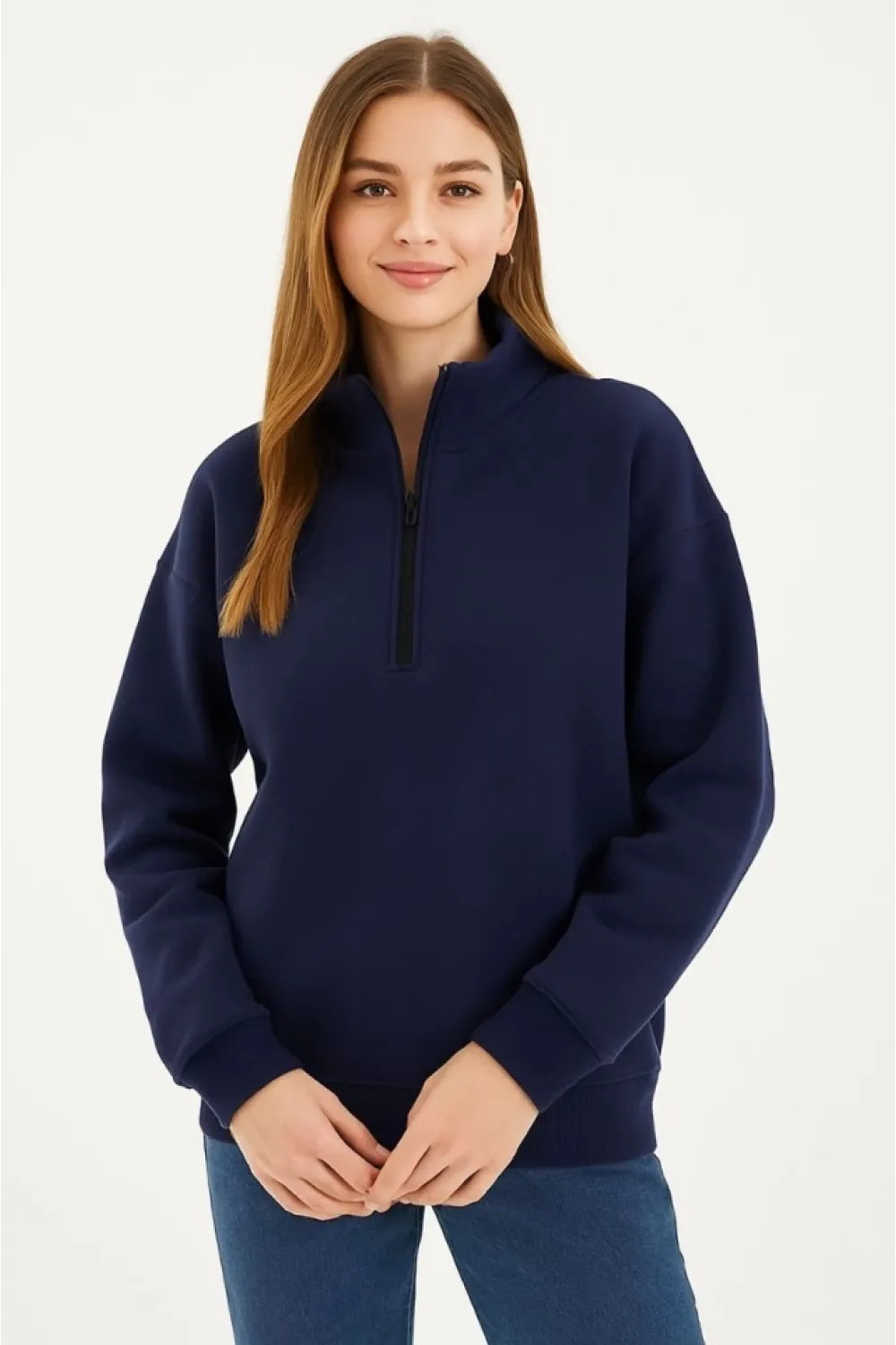 Üç İplik Dık Yaka Yarım Fermuarlı SweatShirt - Lacivert