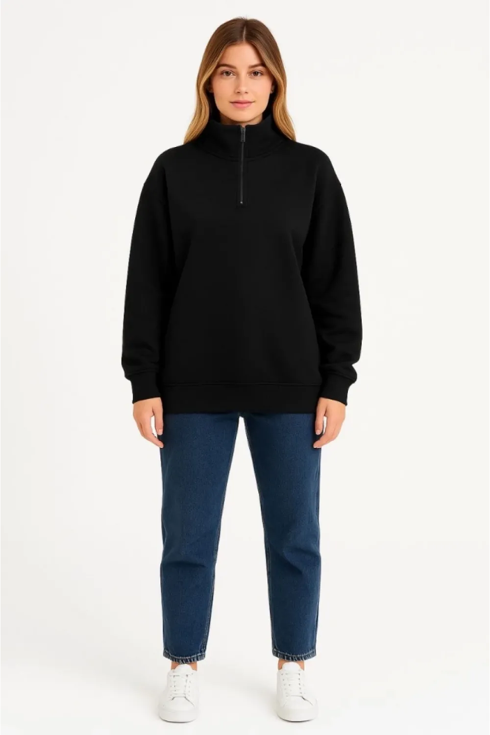 Üç İplik Dık Yaka Yarım Fermuarlı SweatShirt - Siyah