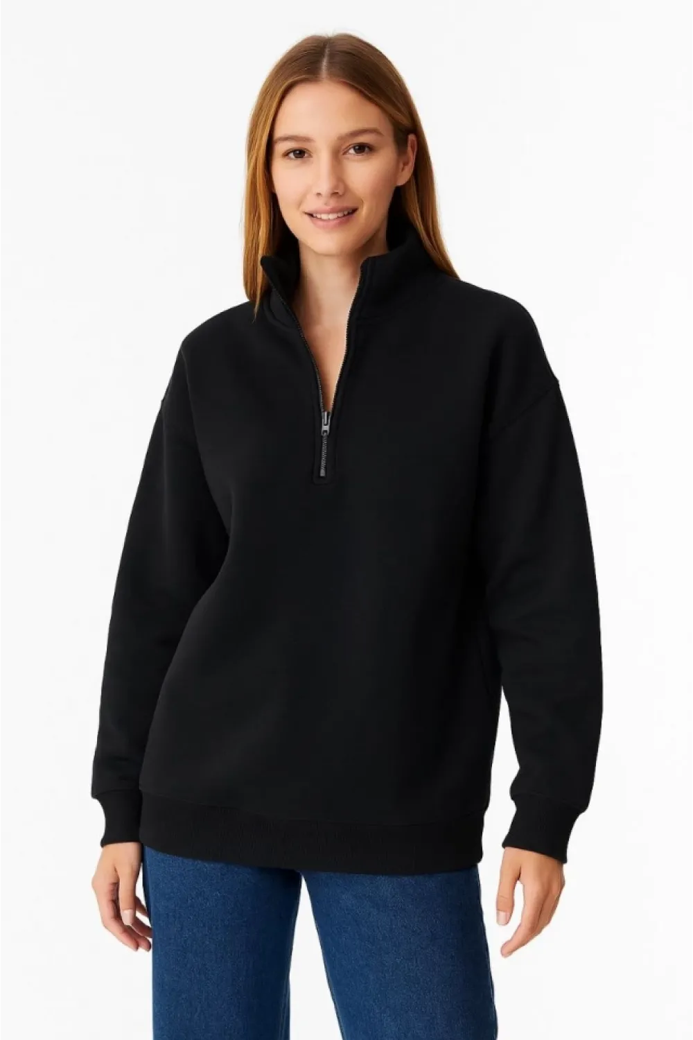 Üç İplik Dık Yaka Yarım Fermuarlı SweatShirt - Siyah