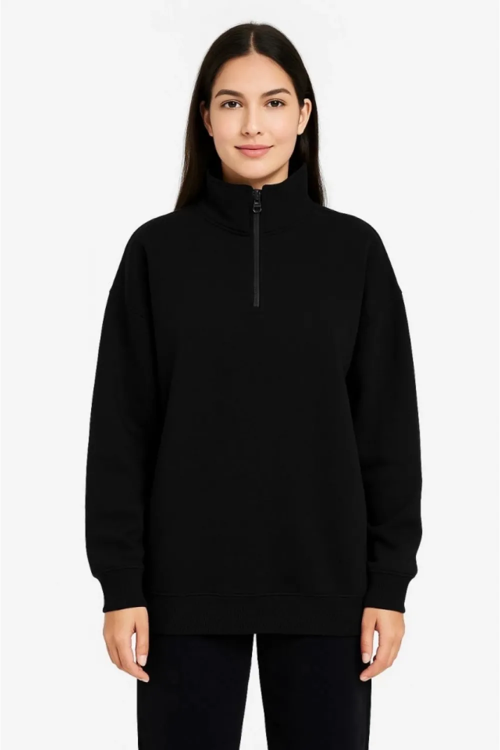 Üç İplik Dık Yaka Yarım Fermuarlı SweatShirt - Siyah