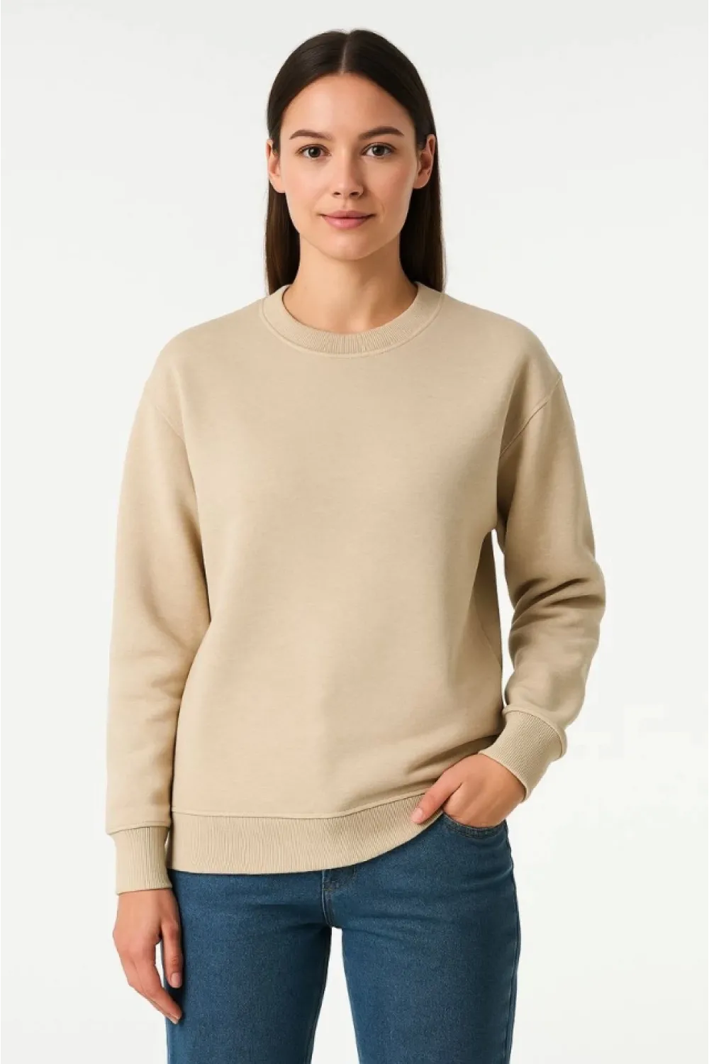 Üç İplik Düz Bisiklet Yaka SweatShirt - Bej