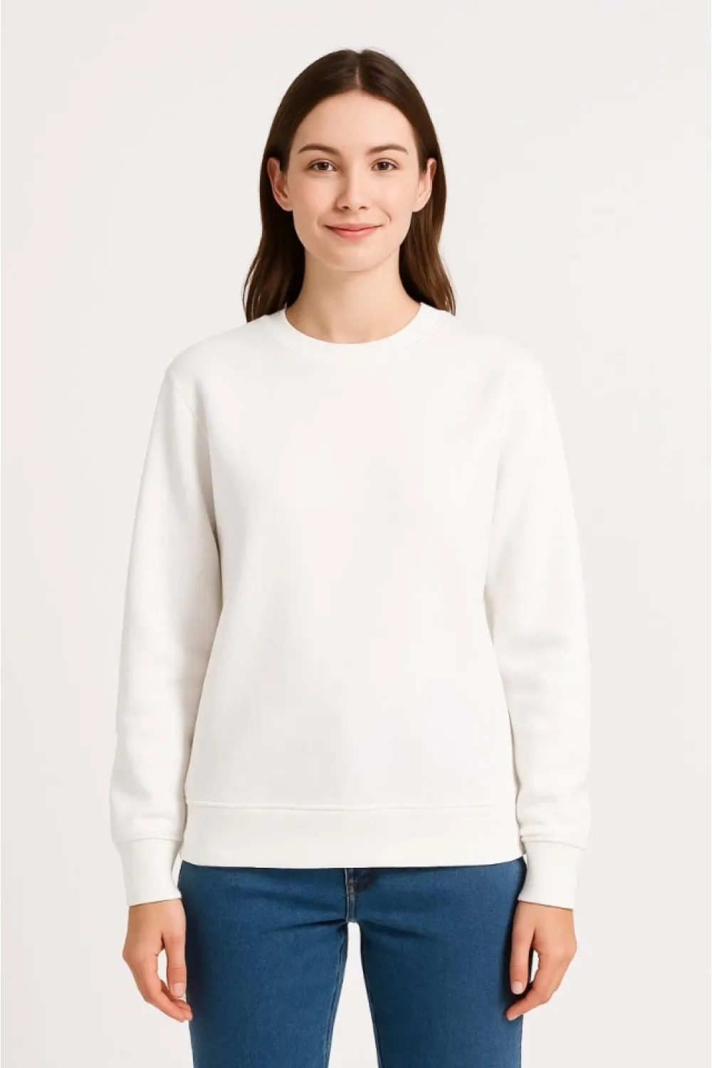 Üç İplik Düz Bisiklet Yaka SweatShirt - Beyaz