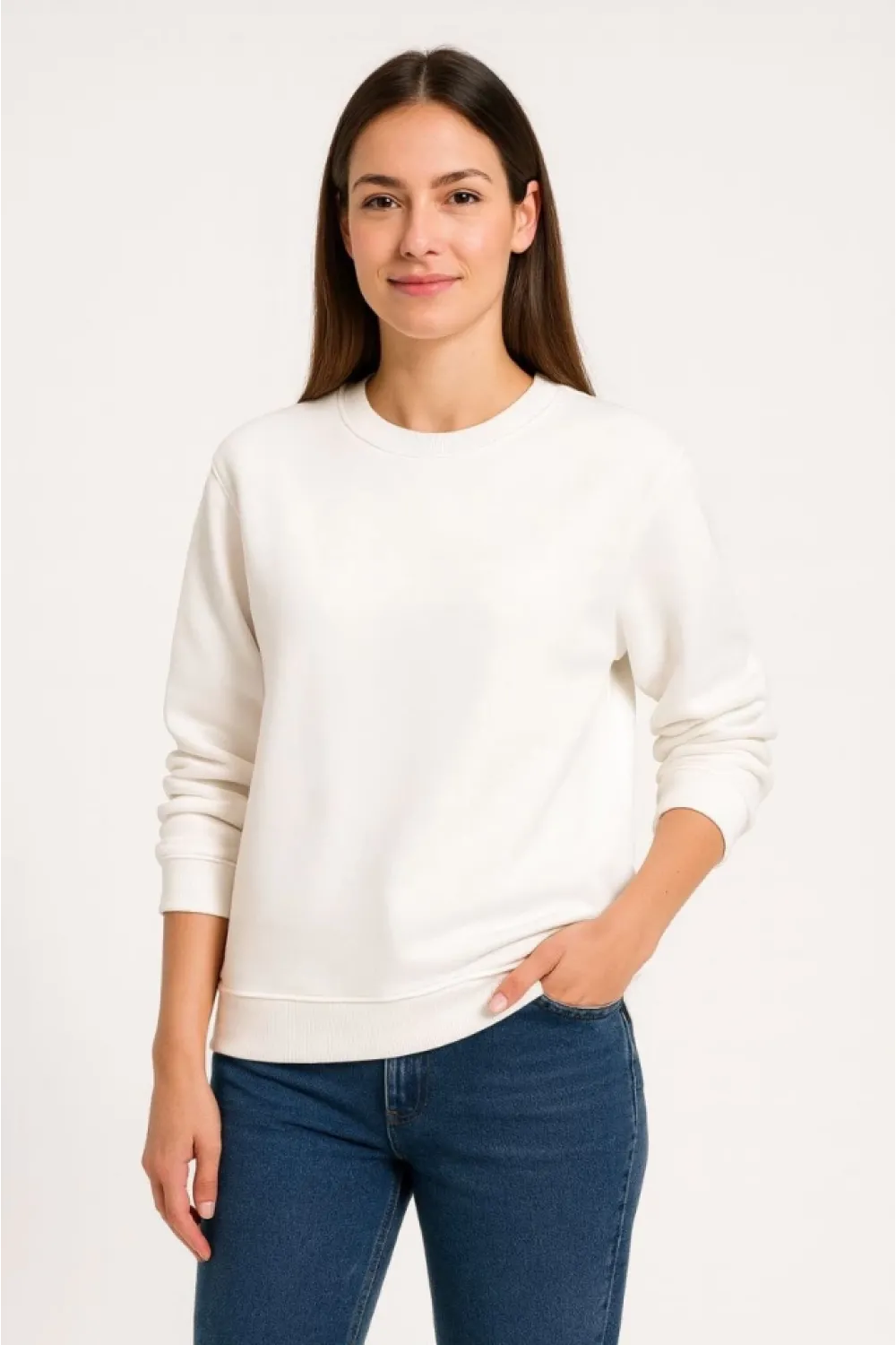 Üç İplik Düz Bisiklet Yaka SweatShirt - Beyaz