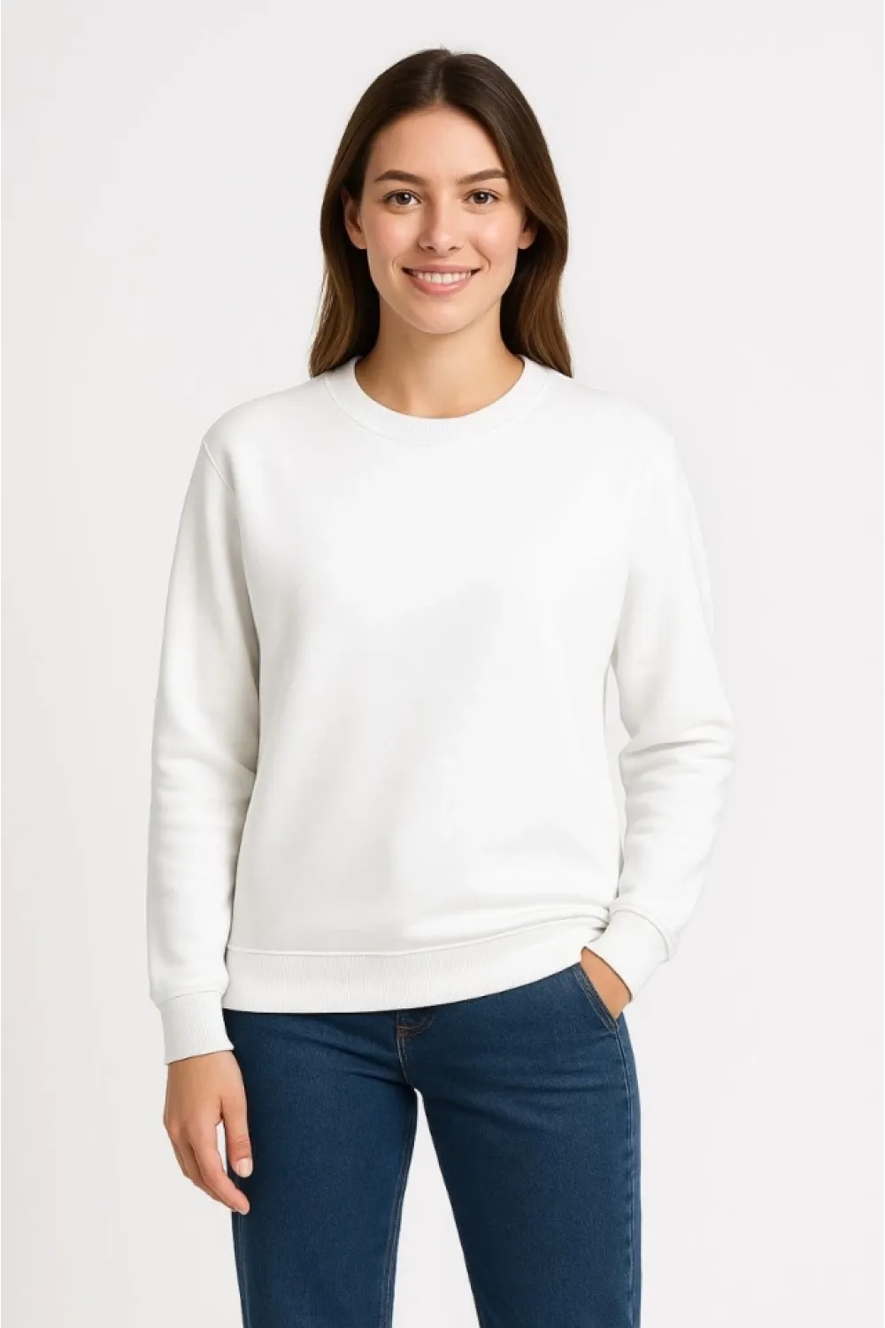 Üç İplik Düz Bisiklet Yaka SweatShirt - Beyaz