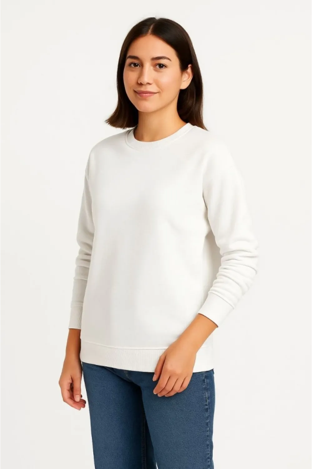 Üç İplik Düz Bisiklet Yaka SweatShirt - Beyaz