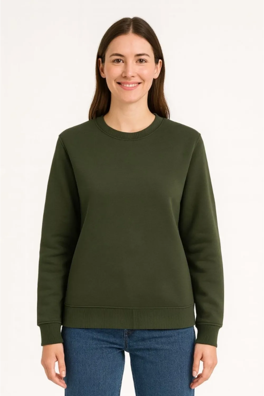 Üç İplik Düz Bisiklet Yaka SweatShirt - Haki