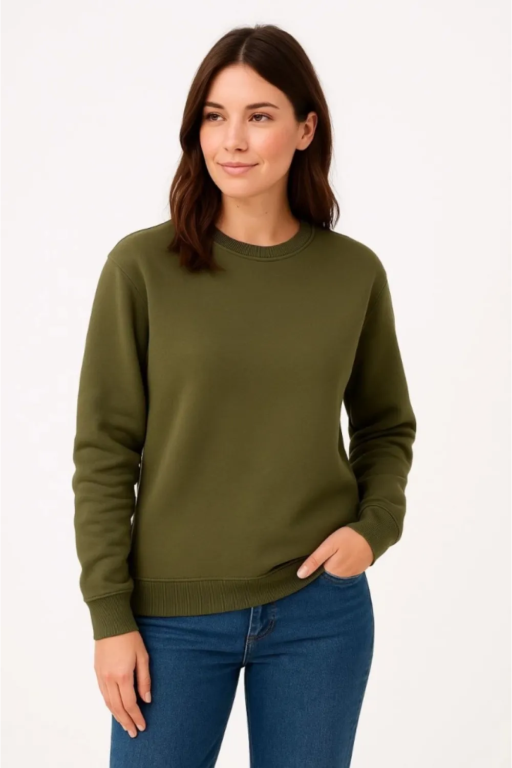 Üç İplik Düz Bisiklet Yaka SweatShirt - Haki