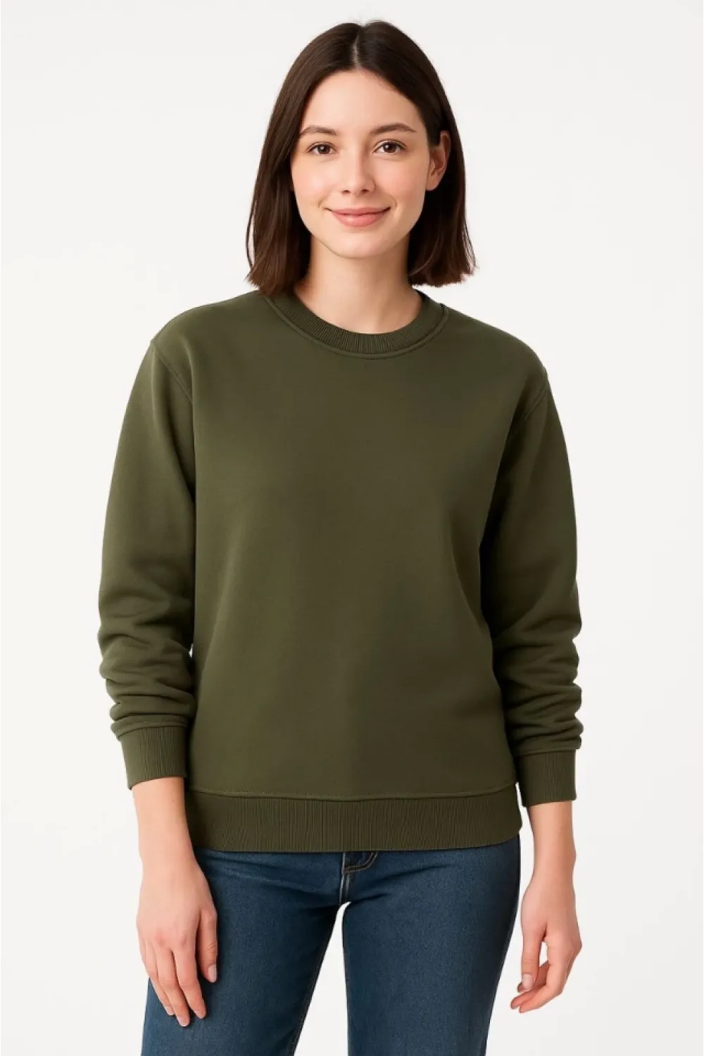 Üç İplik Düz Bisiklet Yaka SweatShirt - Haki