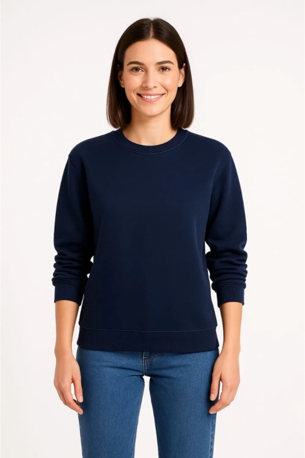 Üç İplik Düz Bisiklet Yaka SweatShirt - Lacivert
