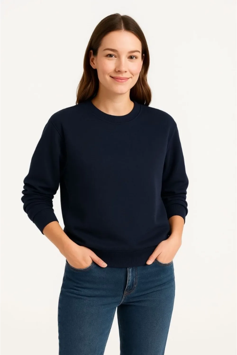 Üç İplik Düz Bisiklet Yaka SweatShirt - Lacivert