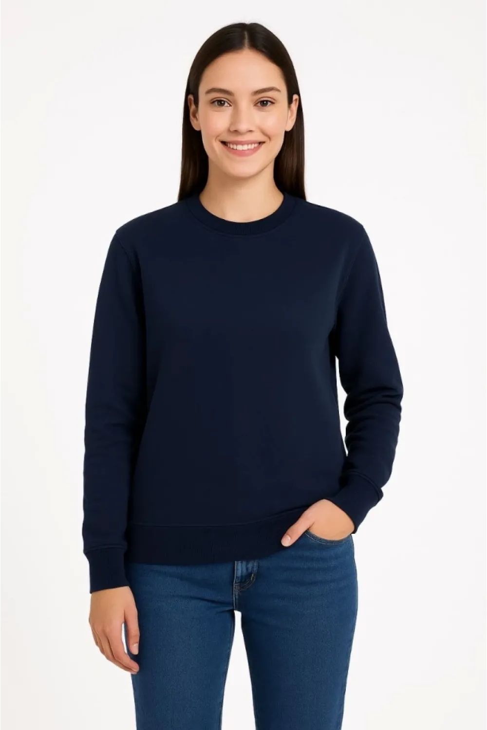 Üç İplik Düz Bisiklet Yaka SweatShirt - Lacivert