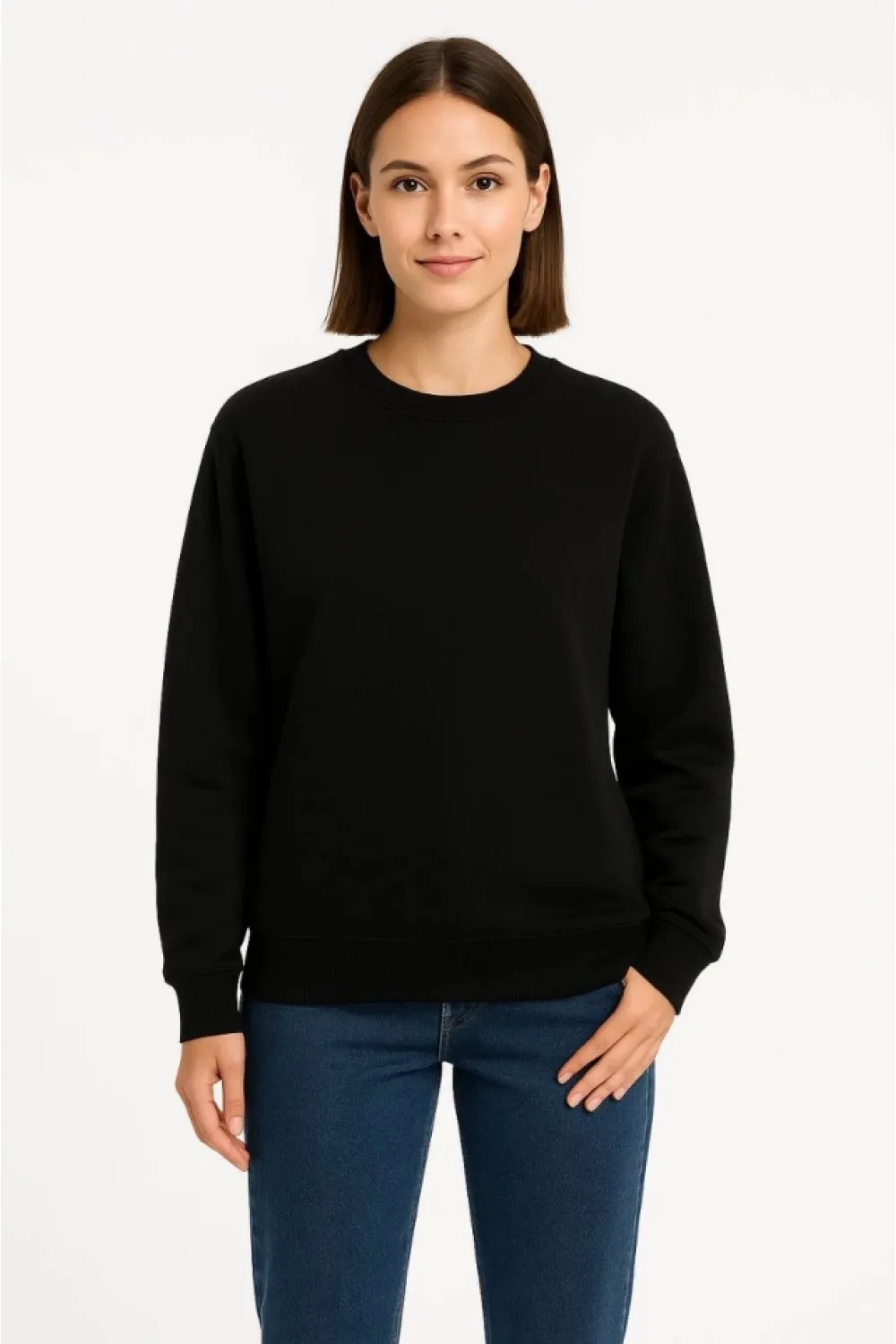 Üç İplik Düz Bisiklet Yaka SweatShirt  - Siyah