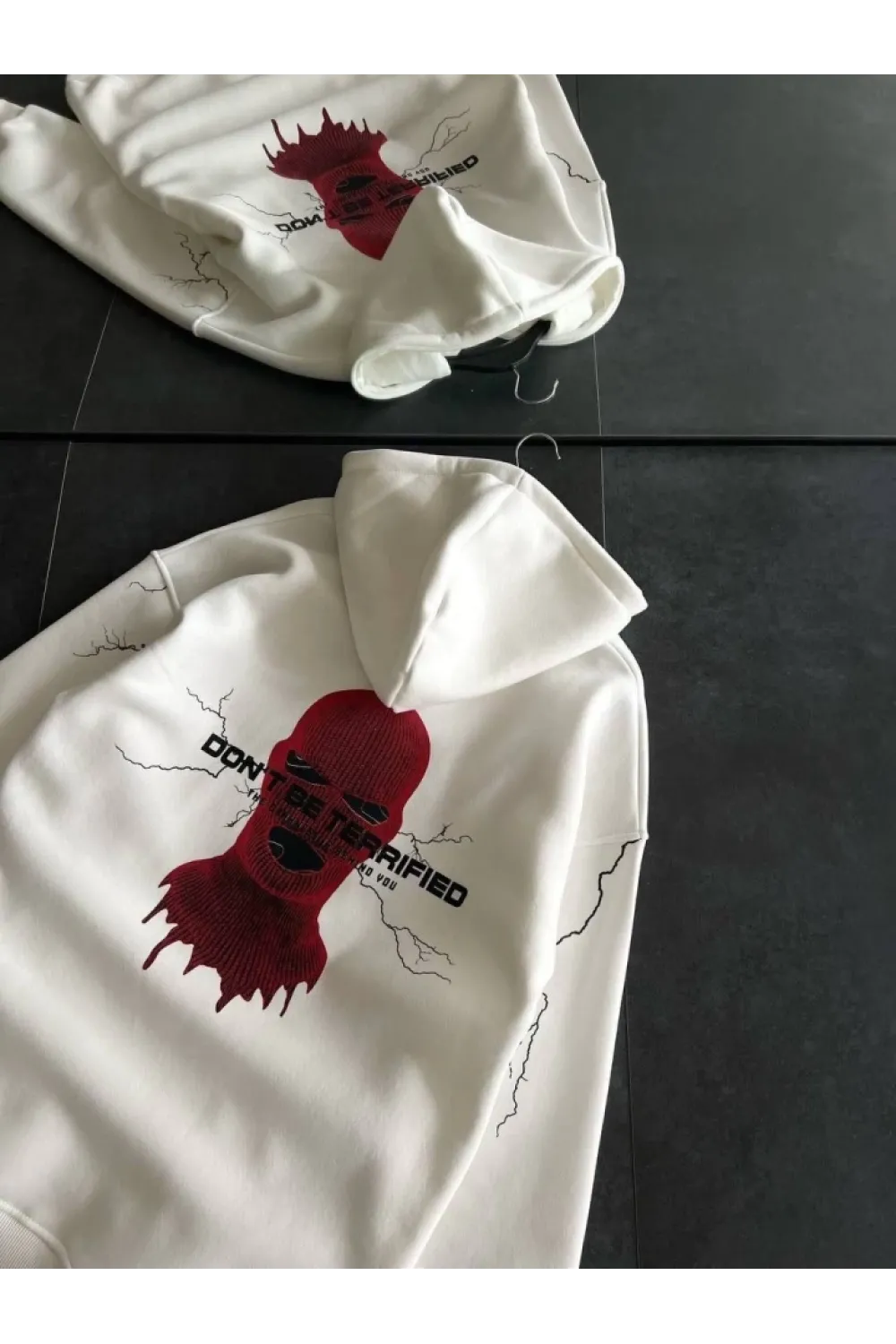 Üç İplik Kapşonlu Baskılı Oversize SweatShirt- Beyaz