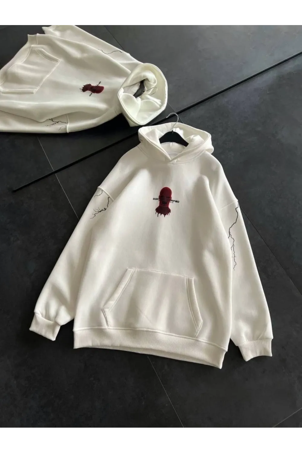 Üç İplik Kapşonlu Baskılı Oversize SweatShirt- Beyaz