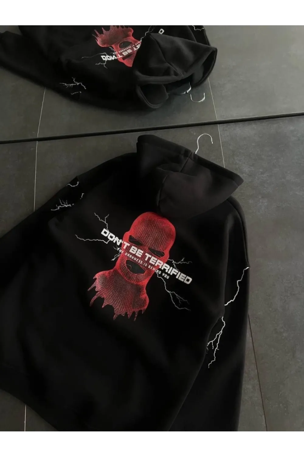 Üç İplik Kapşonlu Baskılı Oversize SweatShirt- Siyah