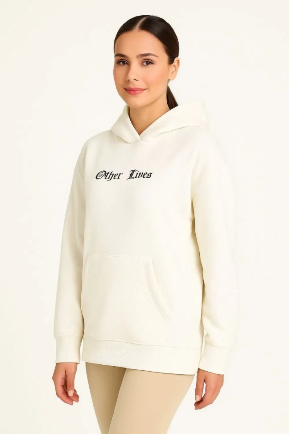 Üç İplik Kapşonlu ön Ve Arka Baskılı SweatShirt Hoodie- Beyaz