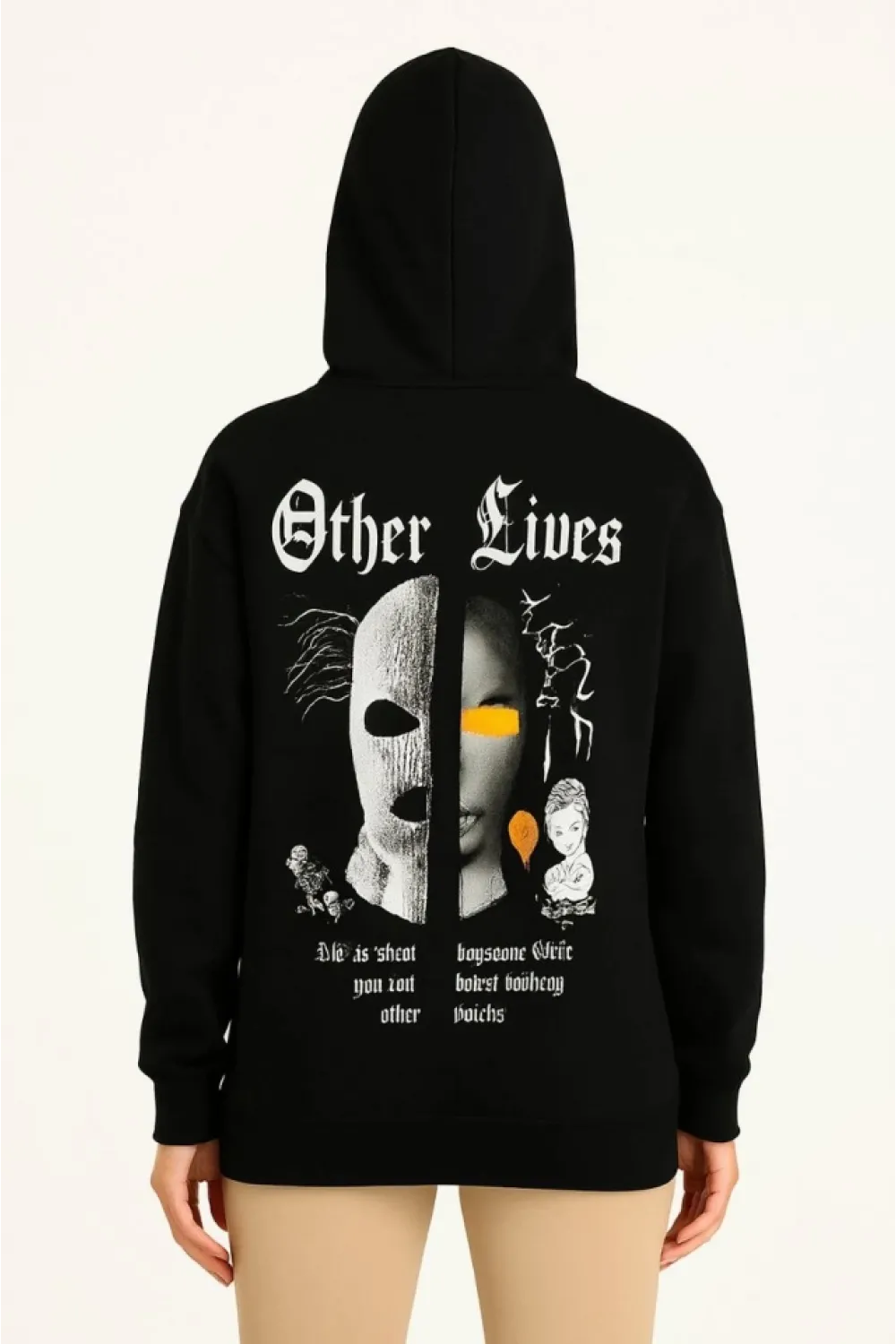 Üç İplik Kapşonlu ön Ve Arka Baskılı SweatShirt Hoodie- Siyah